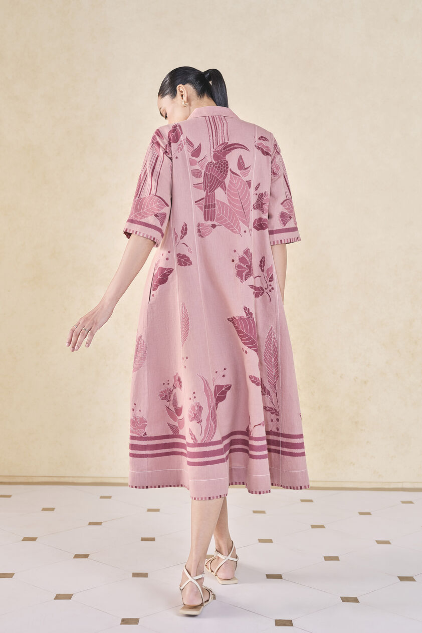 Fig Hand-embroidered Kantha Linen Dress - Pink, Pink, image 2